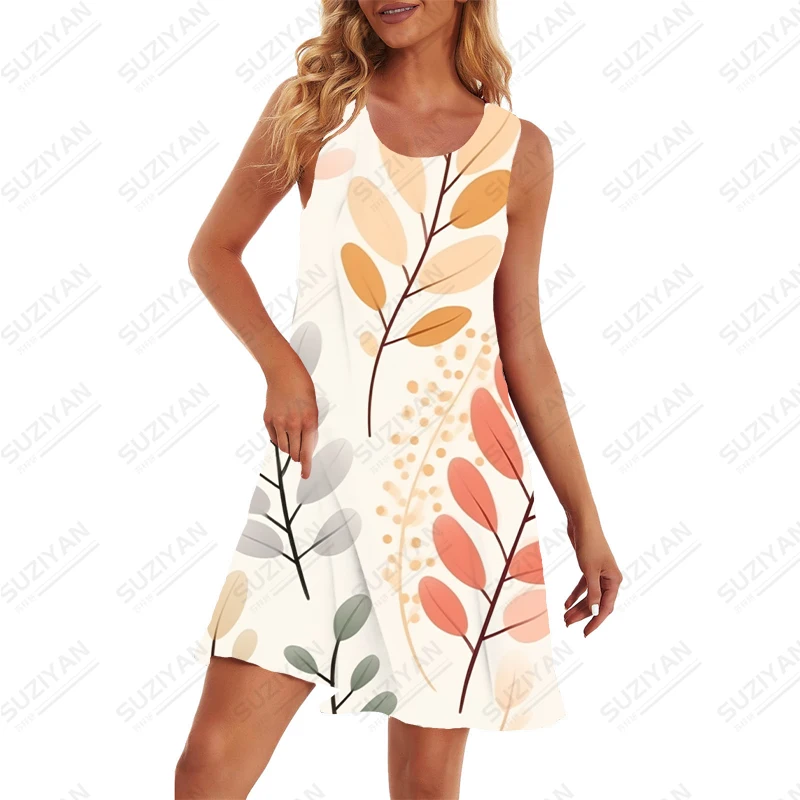 

Повседневное городское платье, классическое платье без рукавов с круглым вырезом, женское модное свободное платье, летнее платье с 3D принтом листьев и цветов