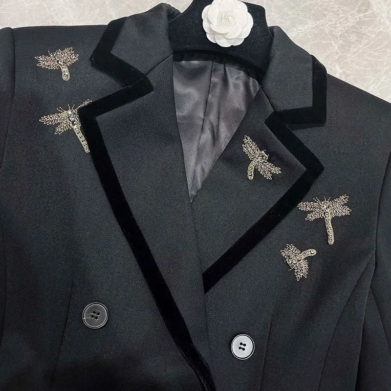 Классический дизайнерский черный блейзер с вышивкой модный двубортный