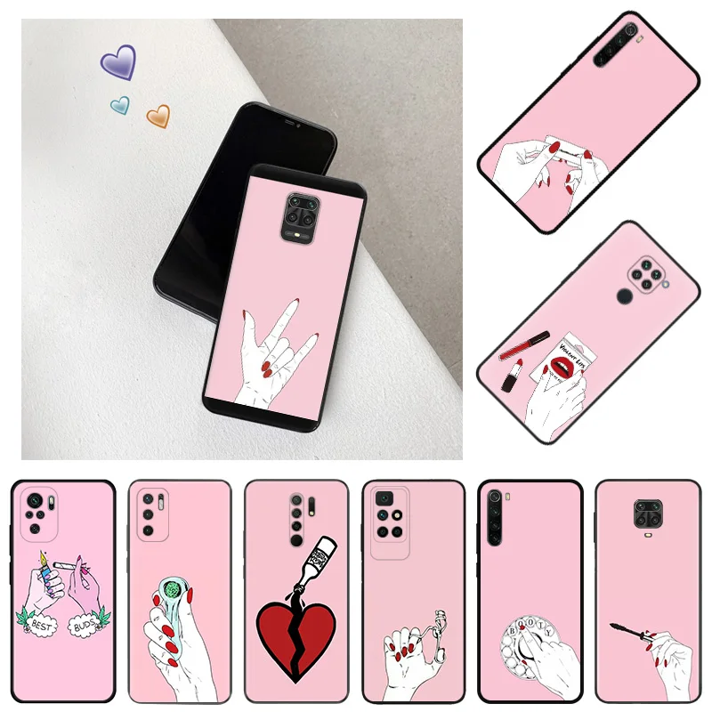 

Anti-Drop Soft Phone Case For Redmi Note 8 Pro 8T 9T 9 9S 7 7A 8A 9C 6 6A 9i Cartoon Pink Hand Gesture Xiaomi Mi 9se 8Lite Cover