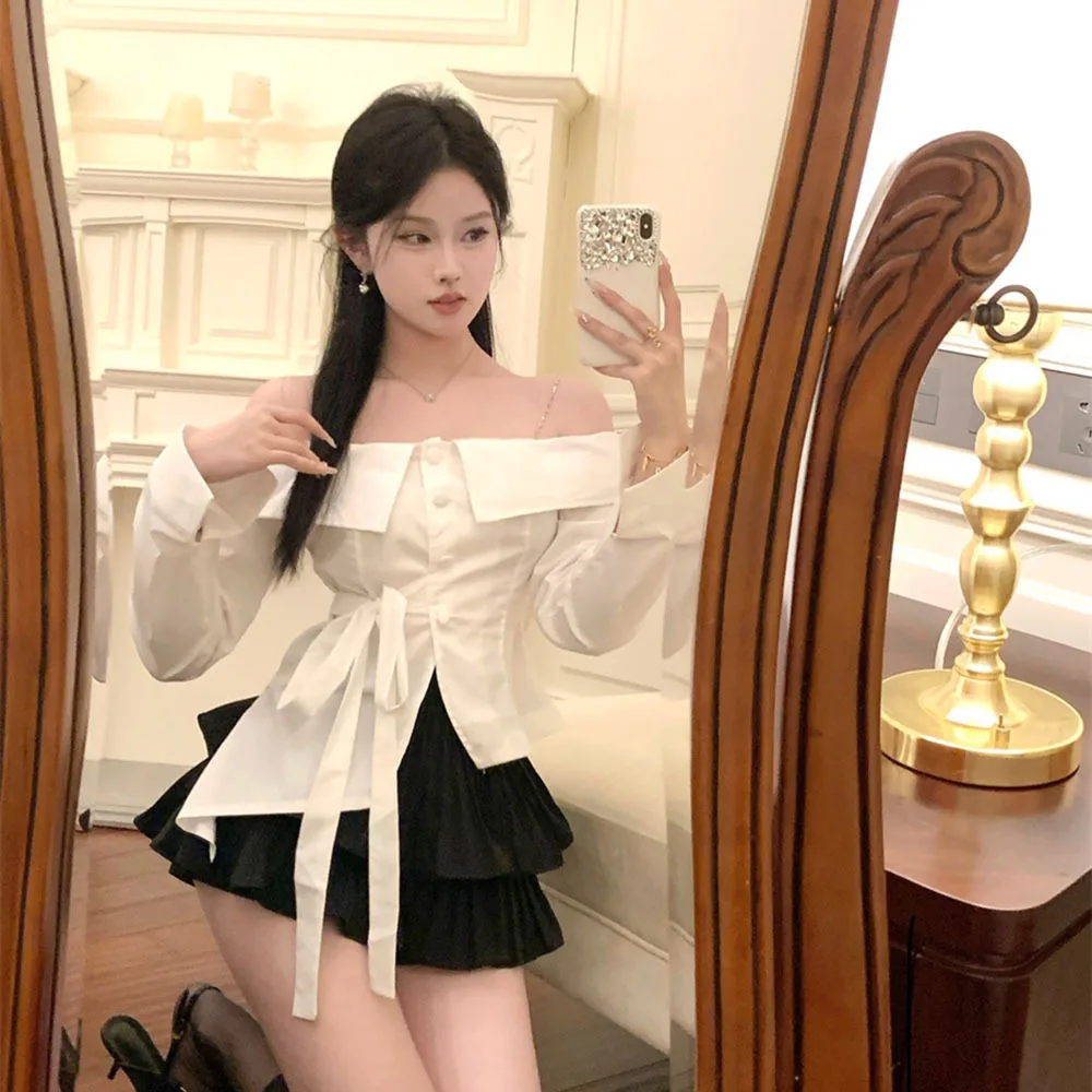 Рубашка женская с открытыми плечами пикантная блузка цепочкой и длинным рукавом