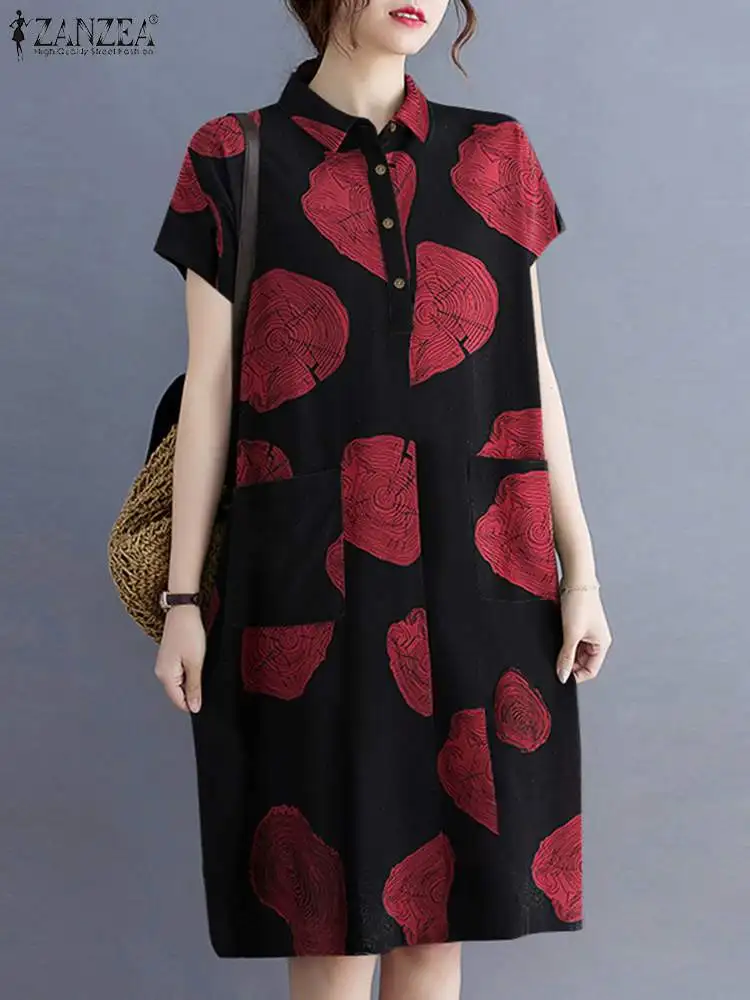 

2022 ANZEA Women Summer Printing Dress Short Sleeved Lapel Vintage Party Dresses Bohemian Femme Fashion Elegant Holiday Dresses