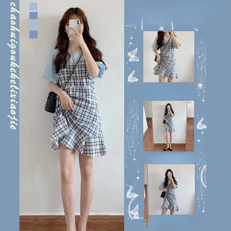 

2023 Summer New Suit Dress Female Small Chiffon Bottoming Shirt with Plaid Sling Dress Two-piece Female Y2K
