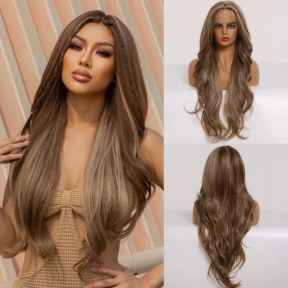 Ombre Brown Lace Front Wig Long Body Wave Synthetic Wigs T Part Transparent Lace Synthetic Hair Heat Resistant Wavy Cosplay Wig