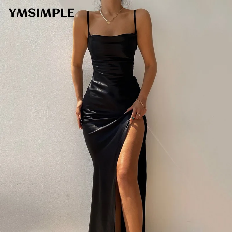 

Black Green Y2K Sexy Sleeveless Long Stain Dresses Streetwear Elegant Women 2022 High Split Backless Ankle-length Party Dress