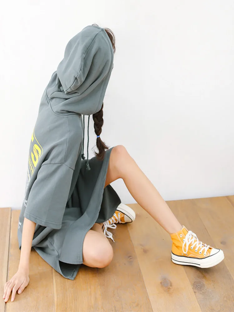 

Spring And Autumn Mid Length knee Length Skirt Women's Fashion Ins2022 New Thin Loose Student Hooded T-shirt Dress