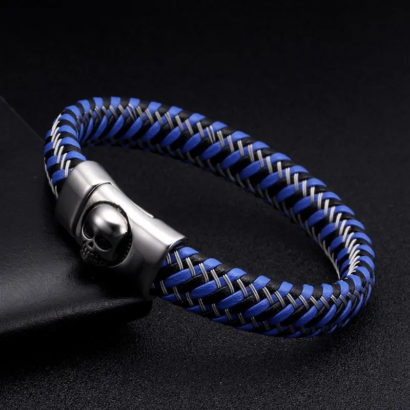 

Male Vintage Magnetic Skull Charm Bracelets Pulsera Unique Braided Blue Genuine Leather Men Cuff Bracelets Skeleton Jewelry