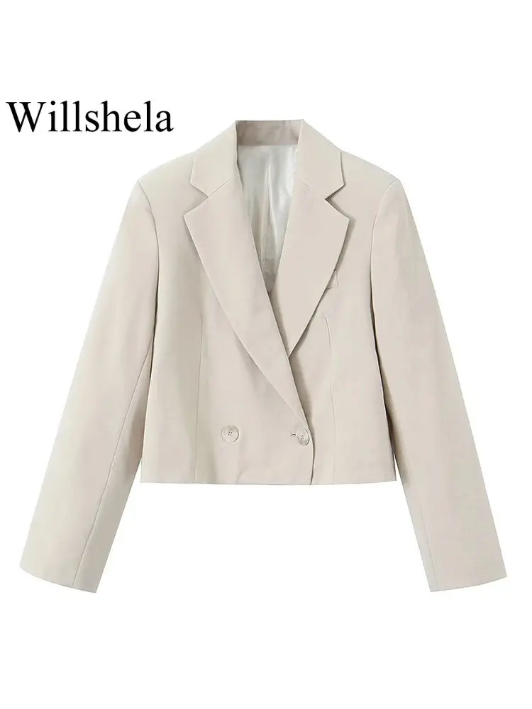 

Willshela Women Fashion Khaki Double Breasted Cropped Blazer Vintage Notched Neck Long Sleeves Female Chic Lady Outfits
