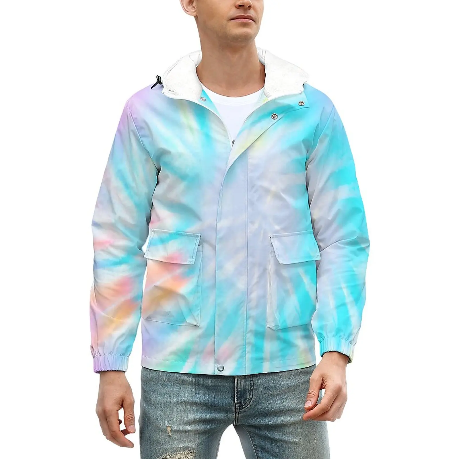

Плотные теплые куртки Pastel Tie Dye, ветрозащитные зимние пальто с радужным принтом, Мужская крутая повседневная куртка, свободная ветровка овер...