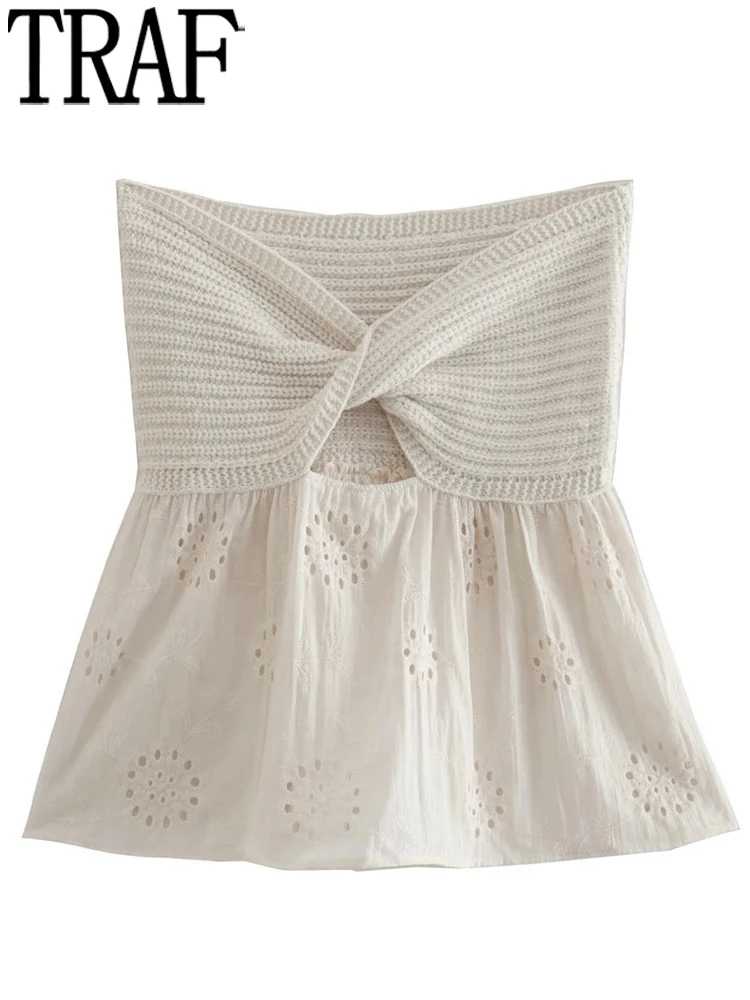 

Женский укороченный топ с вырезами TRAF, бежевый вязаный Топ с вышивкой, Модный женский топ с узлом и открытыми плечами, сексуальные летние то...