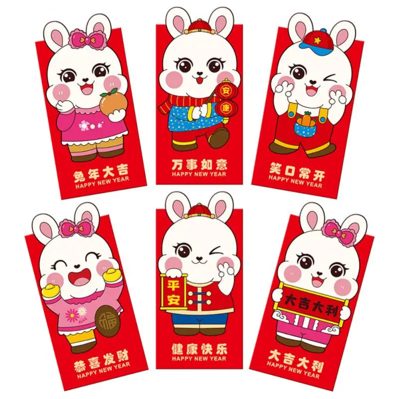 

Красные конверты на китайский новый год 2023, 6 шт., конверты Hongbao с кроликом для китайского Нового года, сумочки для свадебных подарков, сумочк...