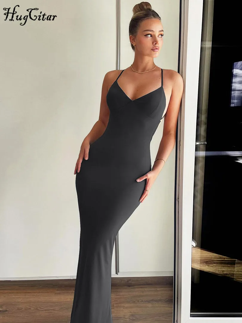 Однотонное летнее платье Hugcitar 2024 с открытой спиной облегающее повседневное
