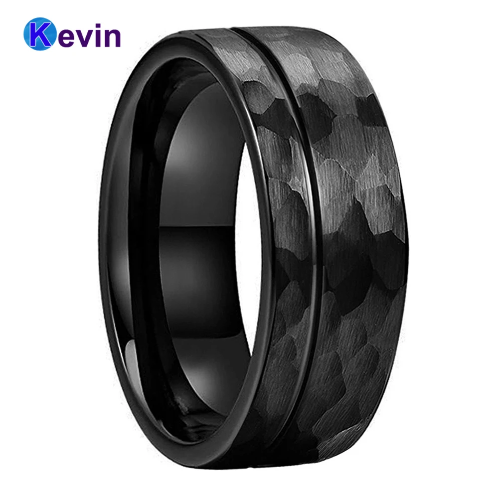 

8mm Black Hammer Wedding Band Men Women Tungsten Carbide Ring Fashion Jewelry With Flat Offset Groove Finish New Arrivals