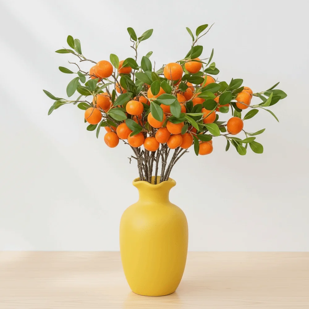Фото Искусственная ветка с зелеными листьями и оранжевыми плодами, реалистичная имитация фруктового дерева из пластика, роскошная искусственная вишневая ветка №2