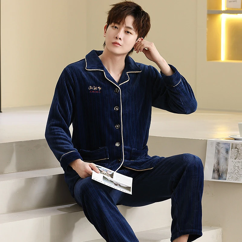 QUHENG Winter Pajamas for Man Set Flannel 2022 New Plus Size Pijamas Pocket Buttons 2 Pieces Home Clothes Suits Pyjama Sleepwear