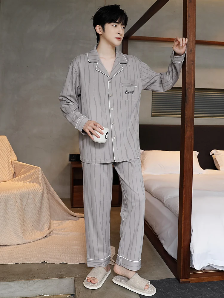 2024 New Pajamas Men's Spring and Autumn Cotton Long sleeve Pants Loose Simple Winter Home Wear Set