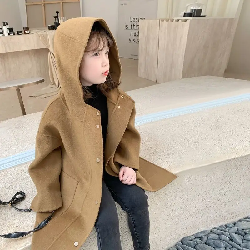 Girls' Coat 2022 Autumn and Winter New Children's Hoodie Fashionable Coat Baby Mid-Length Woolen Coat