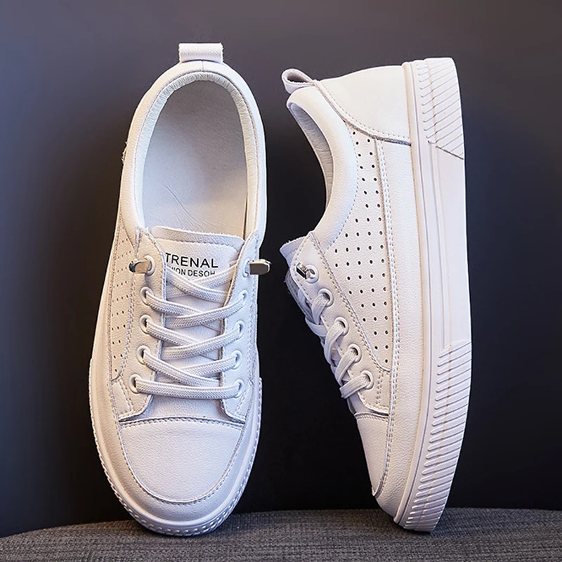 

2022 Summer Hollow Platform Sneakers Women's Genuine Leather Casual Moccasins White Flats Slip on Vulcanized Sport Shoes