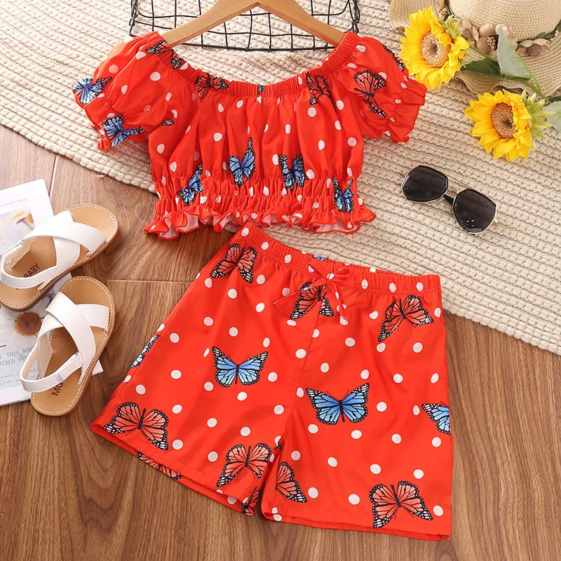 

Girls Set 2022 New One-Word Shoulder Wave Point Butterfly Short Sleeve Top Shorts Two Set Girls Summer Set