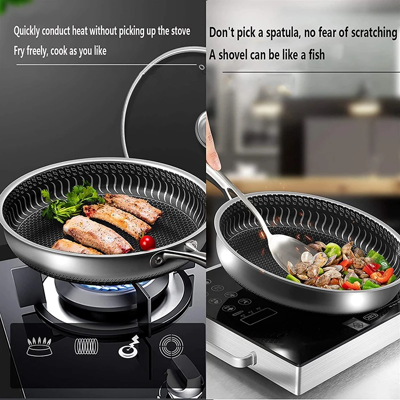 

316 Stainless Steel Frying Pan Wok Non-stick Pan Double-side Honeycomb Without Oil Fried Steak Pot General Uncoated Pan Cookware