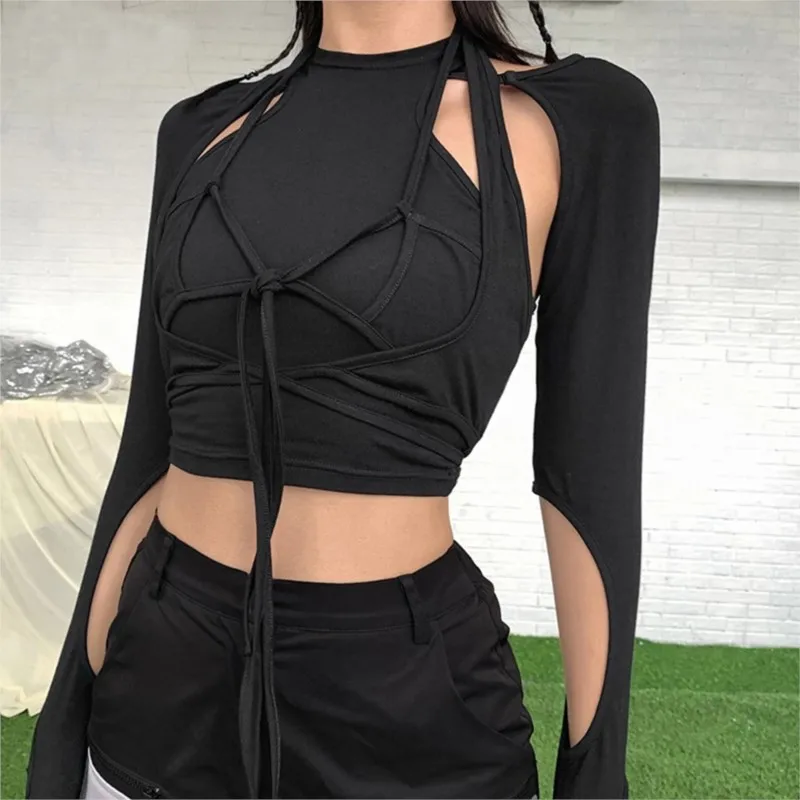 

Dark High Street Hollow Long Sleeve Tie Two-piece Women T-shirt Summer Goth Punk Street Y2K Harajuku Stitch Blouses Grunge Tops
