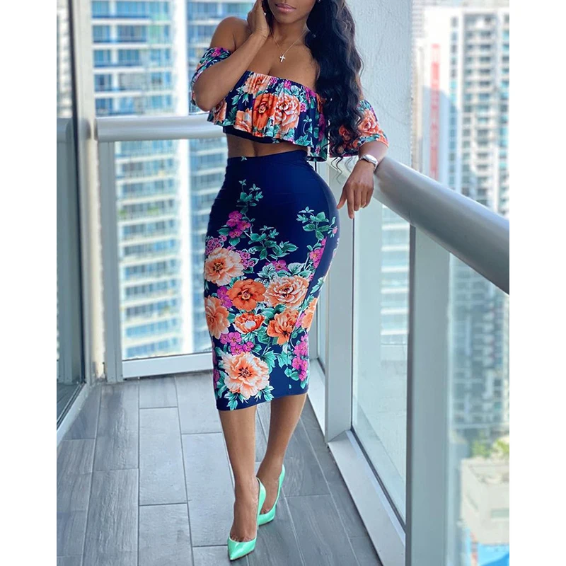 

2022 Summer Women 2 Piece Set Ruffle Floral Print Slash Neck Short Top Slim High Waist Tight Hip Long Skirt Suit Vintage