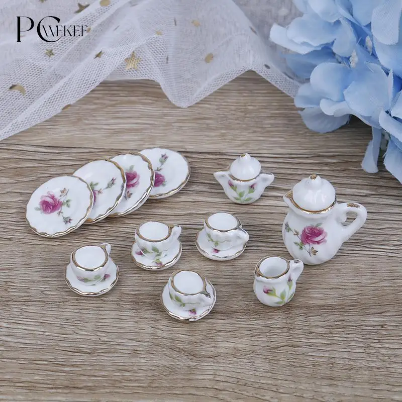 

15PCS 1/12 Miniature doll house pink Flower Patten Porcelain Coffee Tea Cups Ceramic Tableware Dollhouse Kitchen Accessories
