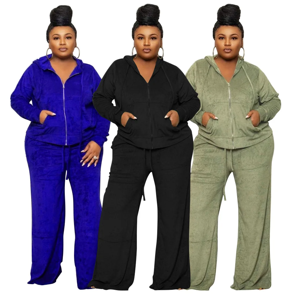 Plus Size Women Sets Hooded Solid Jacket And Wide Leg Pant 2022 Fall Two Piece Set Female Outfit Designer Cloth Winter Tracksuit