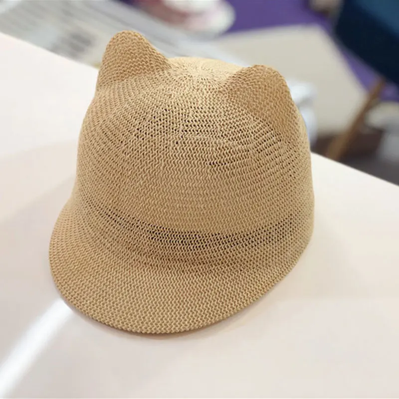 

Cartoon Straw Baby Hat Summer Beach Sun Hat With Ears For Kids Boy Gir Kids Snapback Hats Children Baseball Cap Casquette Enfant