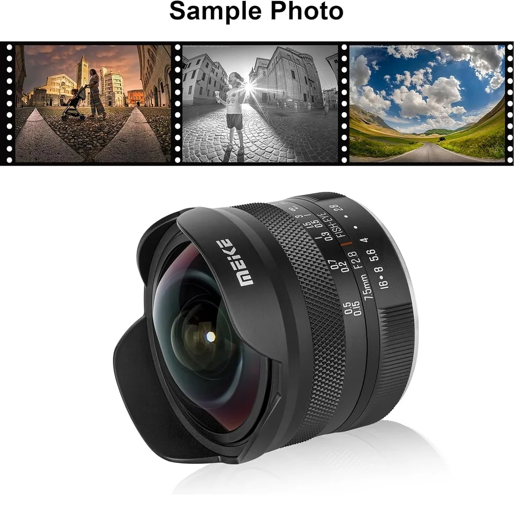 Фото Ультраширокоугольный объектив Meike 7,5 мм F2.8 APS-C с ручным управлением «рыбий глаз» для Fujifilm X Mount/Sony E Mount A6300 A7 A7SII A7SIII A9 A7C №2