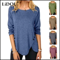 2022 new o neck long sleeve cotton t shirt solid color loose casual top women harajuku button oversized tee irregular pullovers
