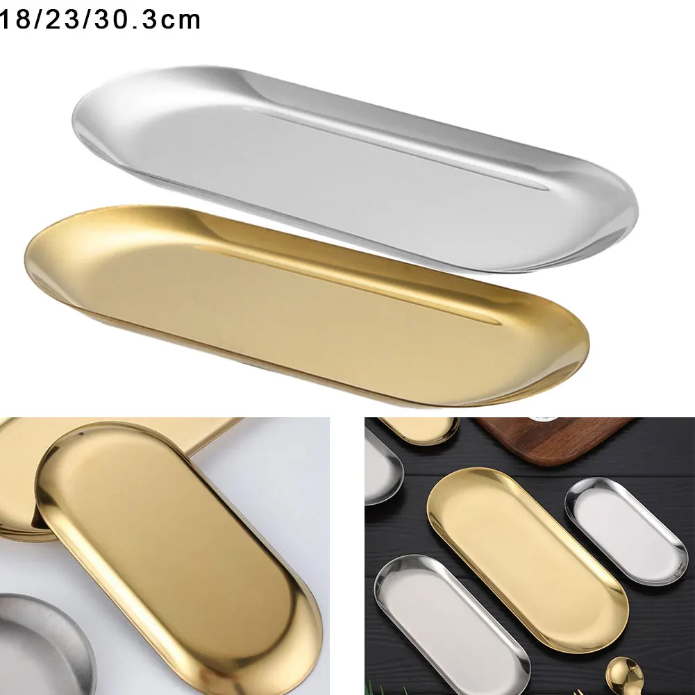 

Metal Tray S/M/L Stainless-Steel Oval Plate For Fruit Cake Dessert Western Steak Dish Stackable Rectangular Snack Serving Tray