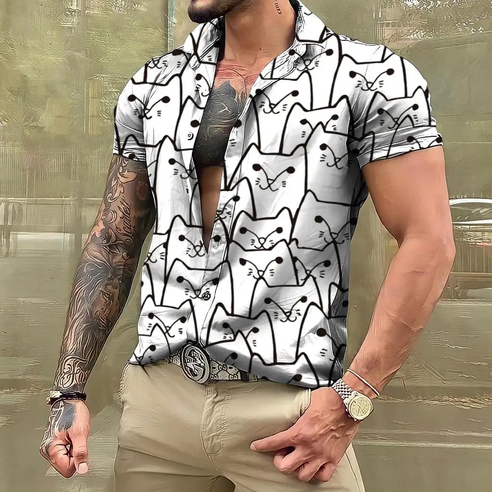 2023 New Men'S Shirt Cat Print Trendy Polo Neck Short Sleeve Everyday Casual Clothing Hawaiian Street Shirt Breathable Soft Top
