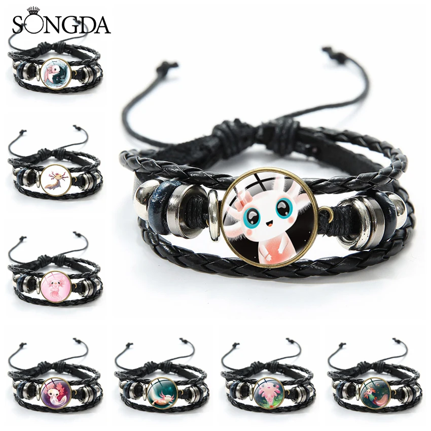 

Trendy Cute Axolotl Leather Bracelets Cartoon Pink Animal Glass Braided Bangle for Women Man Pet Lovers Gift Jewelry Accessories