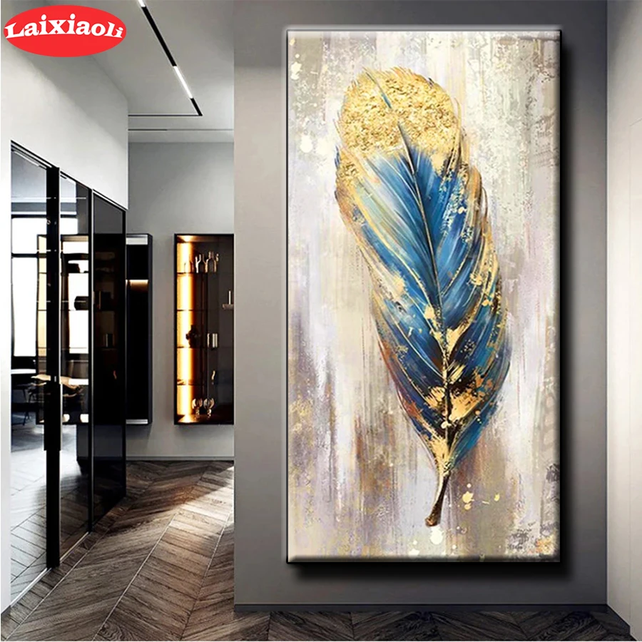 

Алмазная 5D Вышивка «сделай сам», современная абстрактная картина с золотыми синими перьями, алмазная живопись, вышивка крестиком, мозаика, Новое поступление, настенное искусство