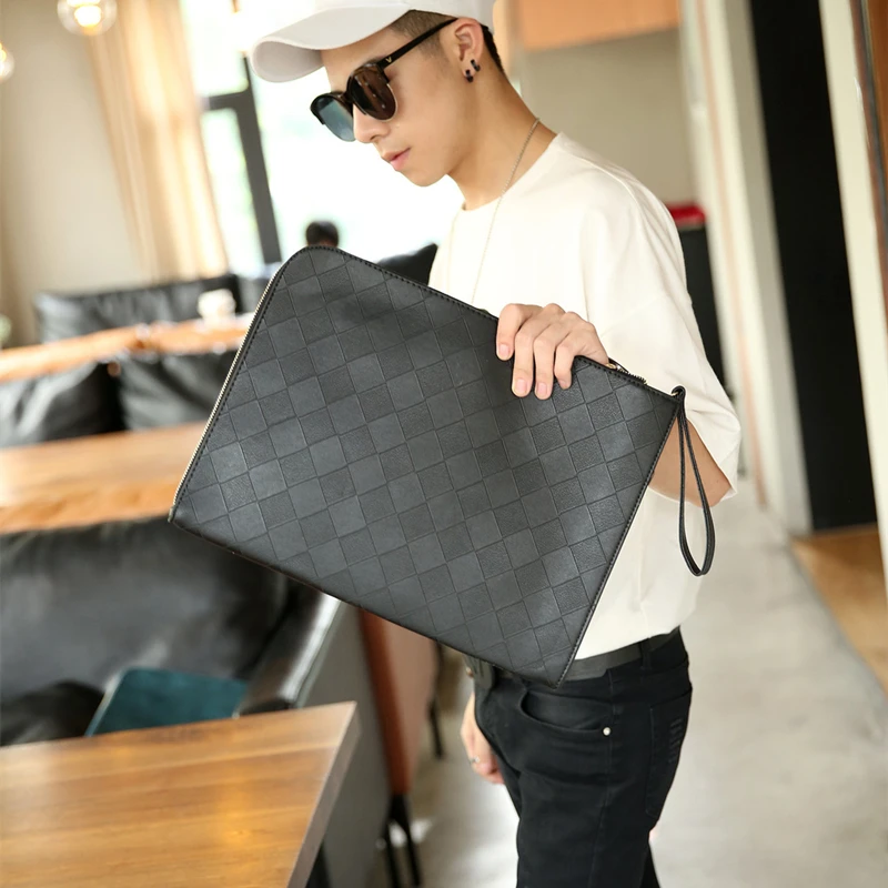

Large Woven Bag Cowhide Design Fashion Plaid High Quality Men's Paper Luxury Business Clutch Leather Brand