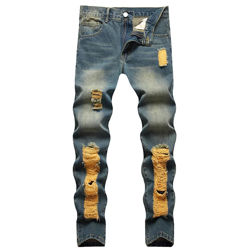 

Clothing Vintage Men's Light Blue Holes Ripped Biker Jeans Motorcycle Casual Pleated Torn Stretch Denim Slim Pants Trousers Men