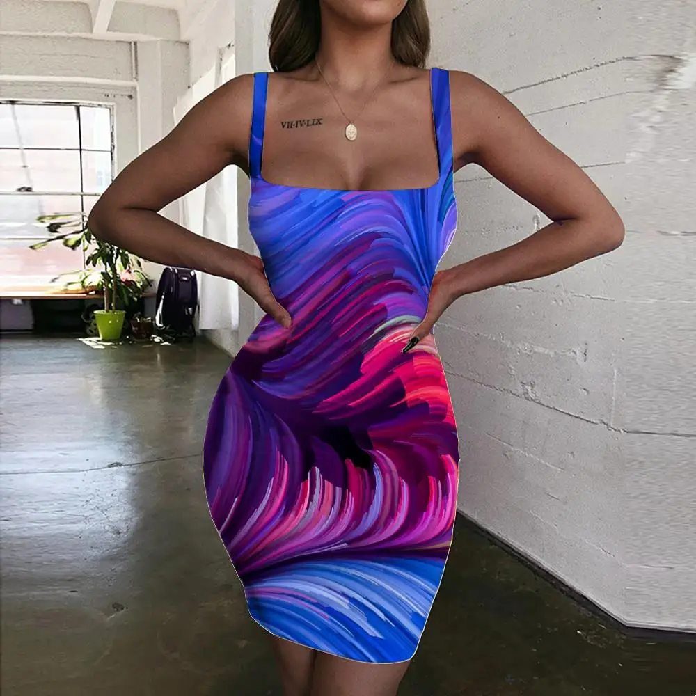 

KYKU Brand Psychedelic Dress Women Colorful Ladies Dresses Party Vestido Sexy Feather Sexy Womens Clothing Summer Ladies