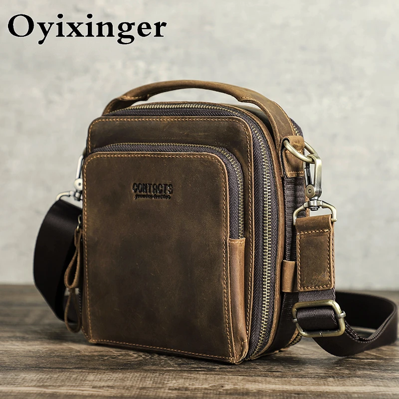 OYIXINGER Vintage Small Crossbody Messenger Bags For Men Genuine Leather Handbag For 8.3'' IPAD New Man Shoulder Strap Handbags