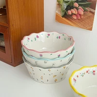 fresh pastoral small broken flower ceramic bowl ins vintage lace salad fruit thickened lovely soup rice bowl complimentary spoon