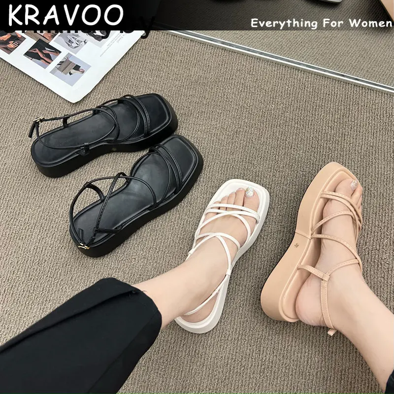 

KRAVOO 2023 Summer New Brand Women Sandal Fashion Narrow Band Gladiator Shoes Platform Flats Heel Open Toe Dress Pumps Shoe