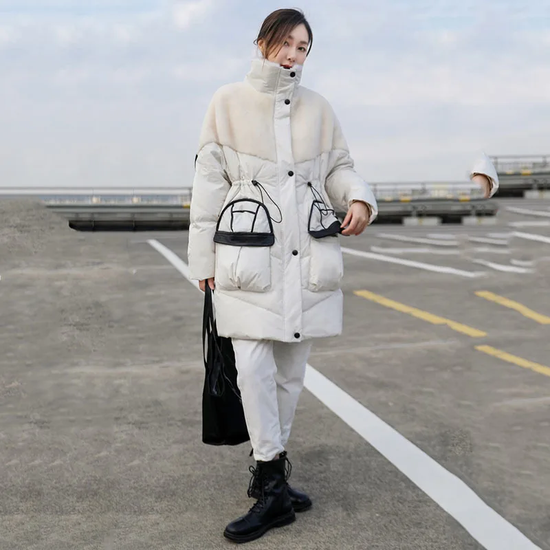Зимняя женская куртка на 90% белом утином пуху теплая парка меховое шерстяное