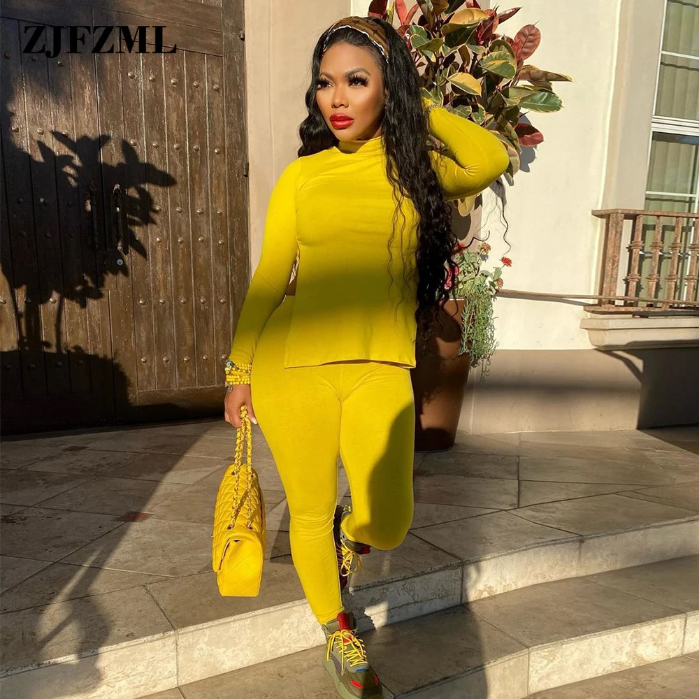 

Sense of Design Black Yellow Women Sets Side High Split Turtleneck T-shirt and Skinny Pant Sweatsuits Matching Sets Club Outfits