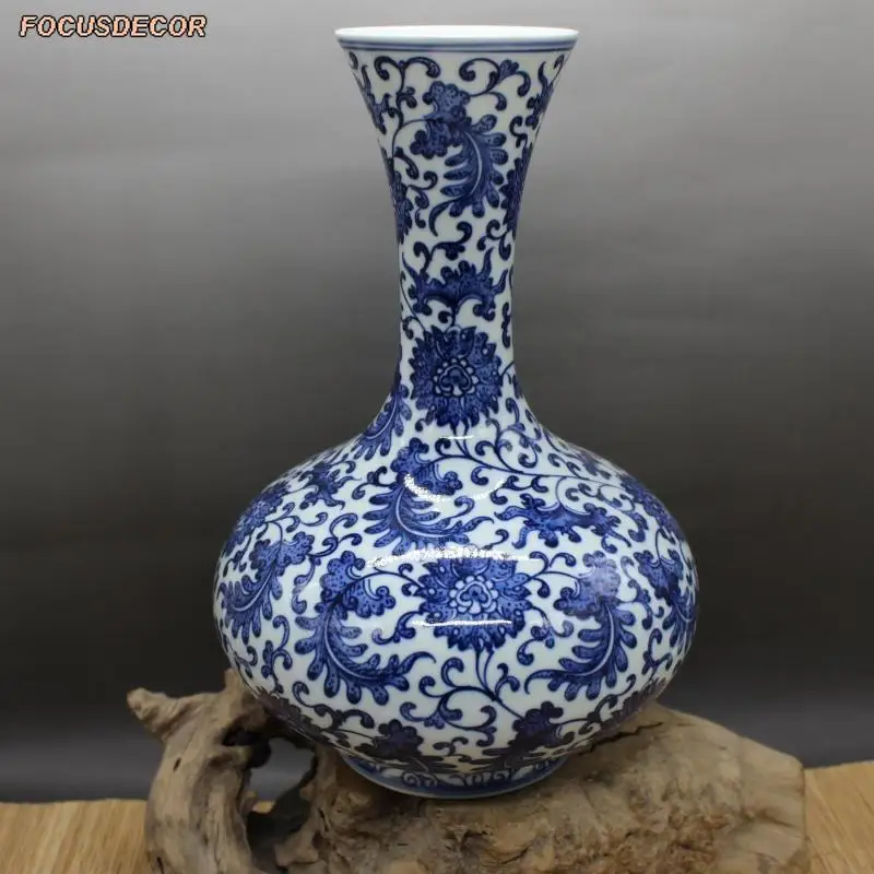 Фото Керамическая ваза для бутылок Qing Dynasty Qianlong, синяя и белая ваза с узором лотоса, ручная работа, Цзиндэчжэнь, антикварная фарфоровая керамика №3
