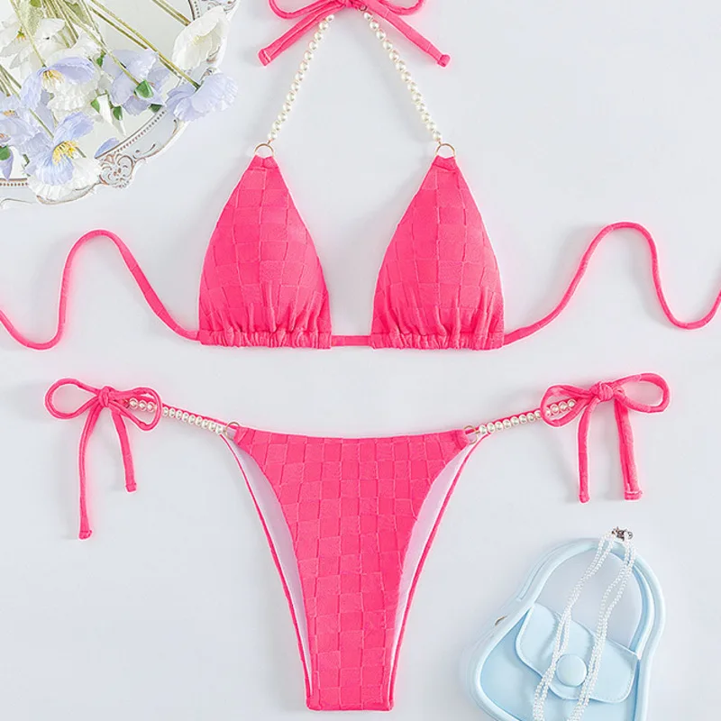 Сексуальные купальники бикини с жемчужной цепочкой женские эффектом пуш-ап