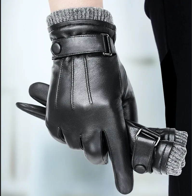 Luxury Men's Genuine Leather Driving Riding Moto Winter Warm Black Gloves Touch Screen Kinnting Wool Lining Black Gloves