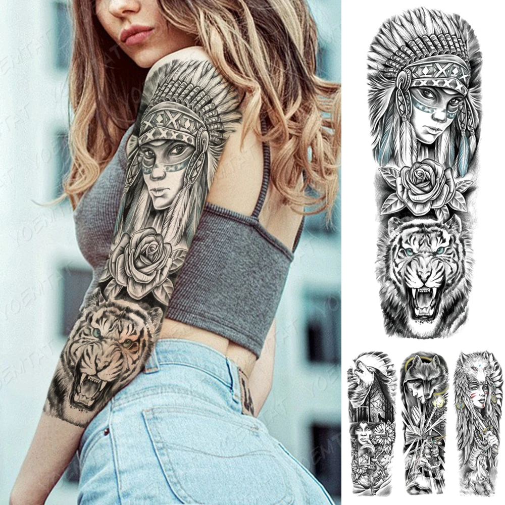

Large Arm Sleeve Tattoo Indian Tribes Waterproof Temporary Tatoo Sticker Rose Tiger Men Women Full Transfer Fake Tatto Body Art