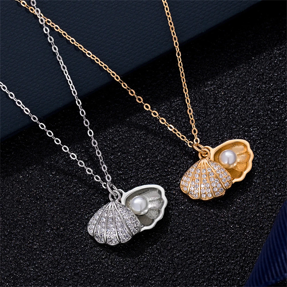 

Rhinestone Shell Imitation Pearl Necklace Ladies Fashion Gold Plated Clavicle Korea Jewelry for Women Girls New Neck Chain