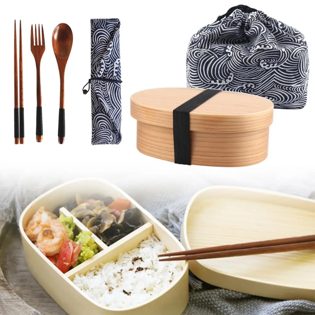 

Деревянный Ланч-бокс в комплекте, японские коробки Bento для пикника, семейный контейнер для еды, чехол для суши с посудой, ретро Ланчбокс