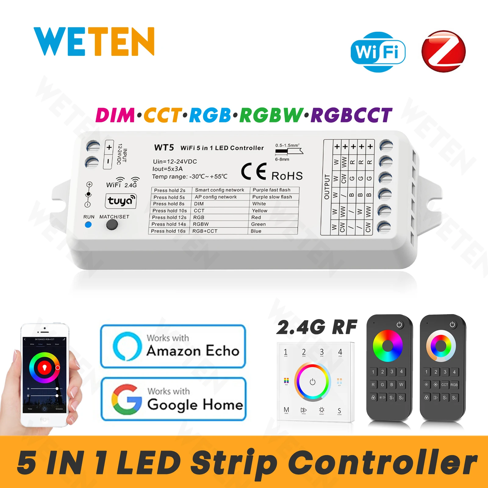 

5 in 1 Tuya Zigbee Wifi LED Controller for RGBCCT RGBW RGB CCT LED Strips DC 12V 24V, Smart Life App, Support Alexa Google Home