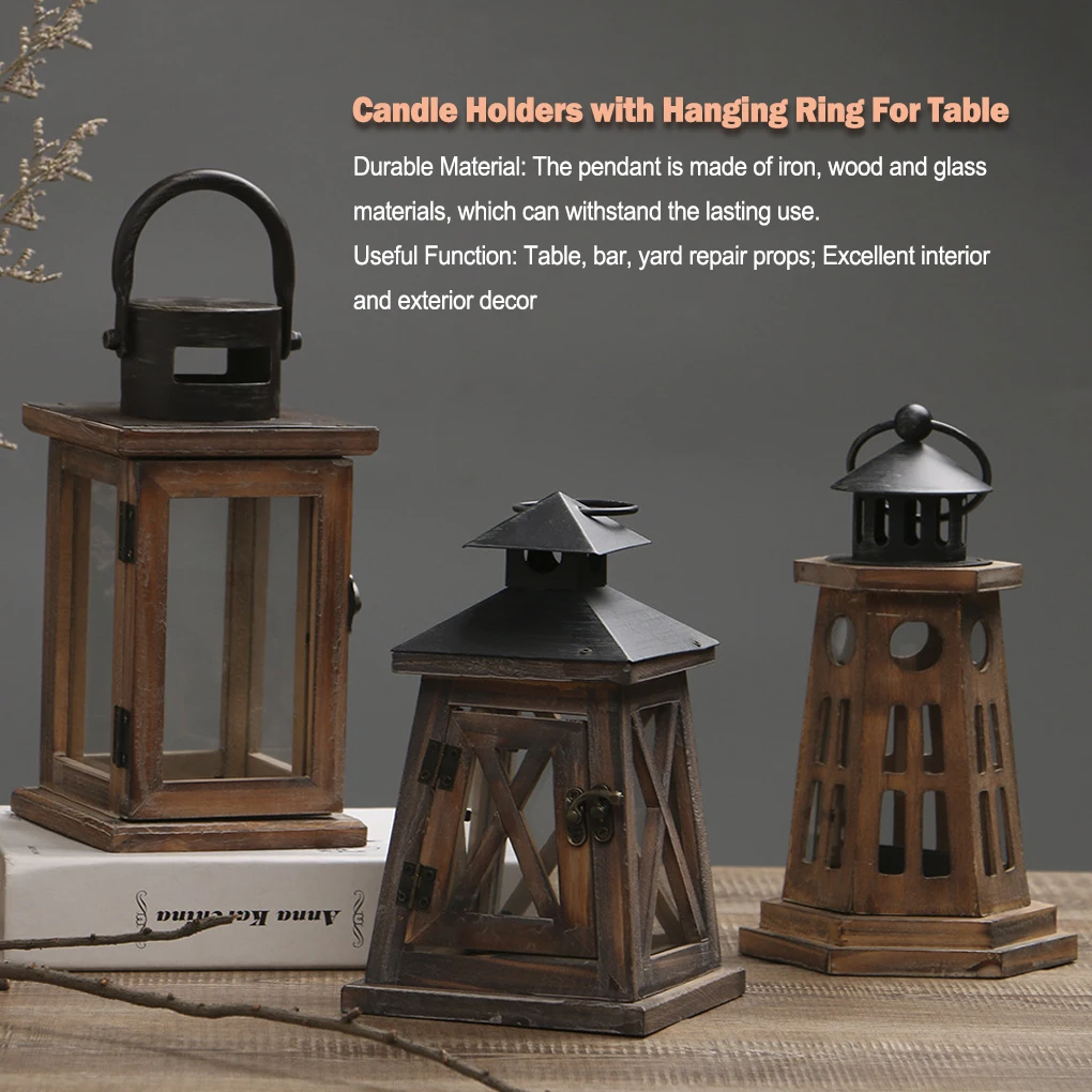 With Hanging Ring Vintage Hanging Lantern Small Windproof Wood Candlestick Courtyard Desktop Decorations